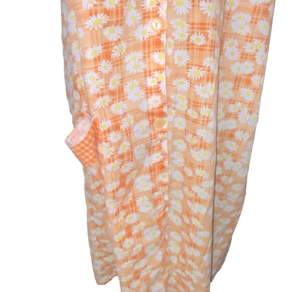 Minerva Wm’s Sz Lrg Orange Daisy Gingham Button Down House Coat Dress Robe - Picture 3 of 7